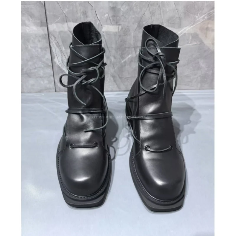 Shoes Heels Men - Black Genuine Leather Square Toe Short